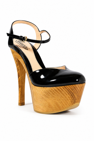 Gucci Women's Designer Shoes Black Platform Wood Heels Ankle Strap (GGW1580)