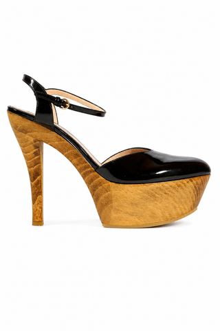 Gucci Women's Designer Shoes Black Platform Wood Heels Ankle Strap (GGW1580)