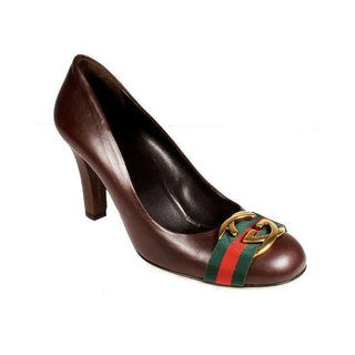 Gucci Womens Shoes Brown Leather Pumps GG Logo Stripes (KGGW3002)-AmbrogioShoes
