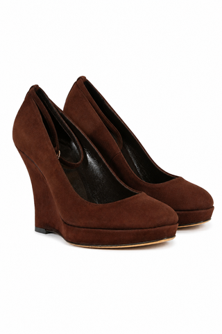 Gucci Women's Designer Shoes Brown Suede Wedge Heel 163342 (GGW1548)