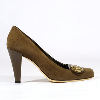Gucci Womens Designer Shoes Dapple Gray / Brown Suede and Napa Logo Pump-AmbrogioShoes