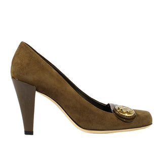 Gucci Womens Designer Shoes Dapple Gray / Brown Suede and Napa Logo Pump-AmbrogioShoes