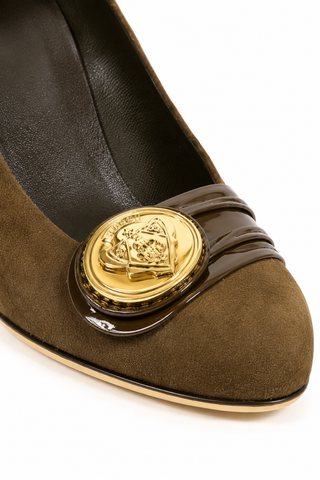 Gucci Women's Designer Shoes Dapple Gray / Brown Suede and Napa Logo Pump