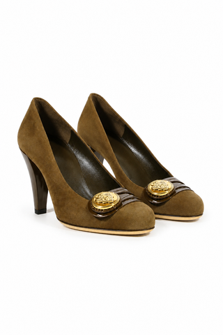 Gucci Women's Designer Shoes Dapple Gray / Brown Suede and Napa Logo Pump