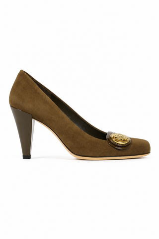 Gucci Women's Designer Shoes Dapple Gray / Brown Suede and Napa Logo Pump