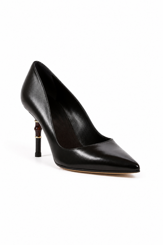 Gucci Women's Designer Shoes Malibu Black Leather Pumps Bamboo Heel (GGW1584)