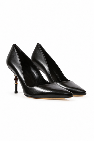 Gucci Women's Designer Shoes Malibu Black Leather Pumps Bamboo Heel (GGW1584)