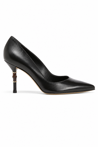Gucci Women's Designer Shoes Malibu Black Leather Pumps Bamboo Heel (GGW1584)