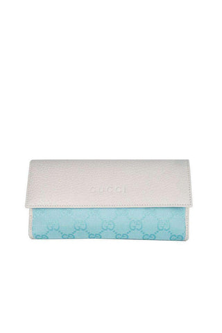 Gucci Women's Wallet Large GG Logo Fabric & Leather White & Blue 143389