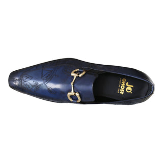 Jo Ghost 4957 Men's Shoes Navy Flower Print Leather Horsebit Loafers (JG5367)-AmbrogioShoes