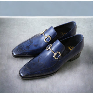 Jo Ghost 4957 Men's Shoes Navy Flower Print Leather Horsebit Loafers (JG5367)-AmbrogioShoes