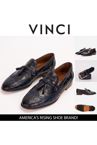 Vinci Istanbul Leather Wing-Tip Tassel Loafer - Navy