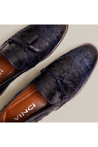 Vinci Istanbul Leather Wing-Tip Tassel Loafer - Navy