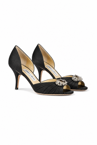 Jimmy Choo Black Leather & Crepe De Chine High Heel Sandals (JCW08)