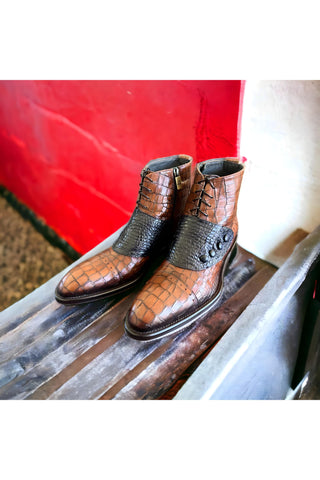 Jo Ghost 1788 Luisiana Crocodile Embossed Leather Ankle Boots (JG5322)