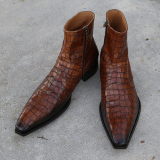 Jo Ghost 2727 BIS Men's Shoes BROWN Crocodile Print Leather Ankle Boots (JG5369)-AmbrogioShoes