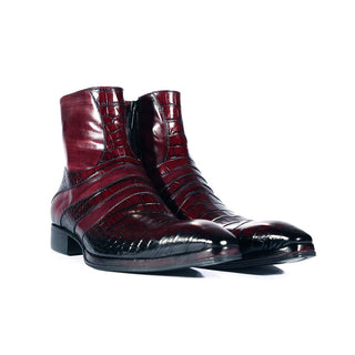 Jo Ghost 2727 BIS Men's Shoes Burgundy Crocodile Print / Buffalo Leather Ankle Boots (JG5302)-AmbrogioShoes