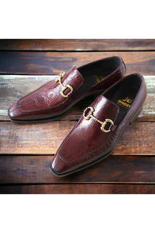 Jo Ghost 4956 Burgundy Crocodile Embossed Leather Horsebit Loafers (JG5368)