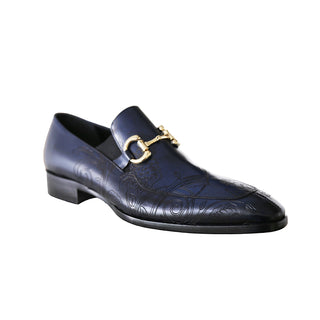 Jo Ghost 4957 Men's Shoes Navy Flower Print Leather Horsebit Loafers (JG5367)-AmbrogioShoes