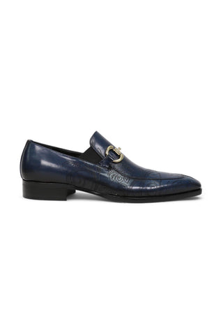 Jo Ghost 4957 Navy Flower Embossed Leather Horsebit Loafers (JG5367)