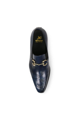 Jo Ghost 4957 Navy Flower Embossed Leather Horsebit Loafers (JG5367)