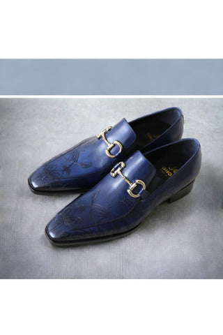 Jo Ghost 4957 Navy Flower Embossed Leather Horsebit Loafers (JG5367)