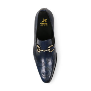 Jo Ghost 4957 Navy Flower Print Leather Horsebit Loafers (JG5367)-AmbrogioShoes