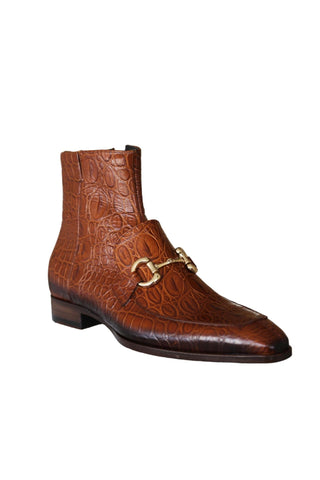 Jo Ghost 4970 Cognac Crocodile Embossed Leather Horsebit Boots (JG5360)