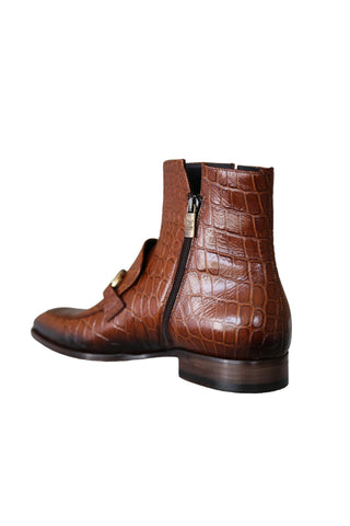 Jo Ghost 4970 Cognac Crocodile Embossed Leather Horsebit Boots (JG5360)