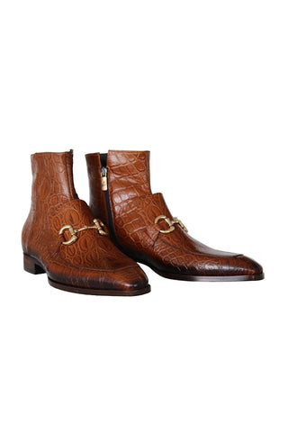 Jo Ghost 4970 Cognac Crocodile Embossed Leather Horsebit Boots (JG5360)