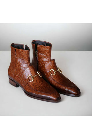 Jo Ghost 4970 Cognac Crocodile Embossed Leather Horsebit Boots (JG5360)