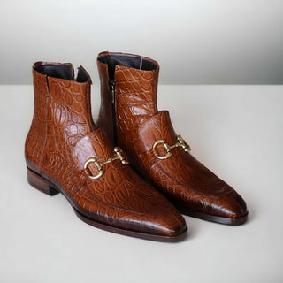 Jo Ghost 4970 Cognac Crocodile Print Leather Horsebit Boots (JG5360)-AmbrogioShoes