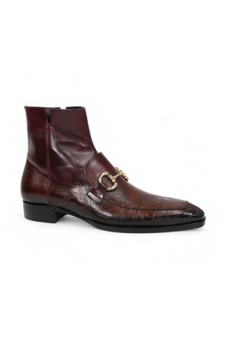 Jo Ghost 4971 Burgundy Flower Embossed Leather Horsebit Boots (JG5361)