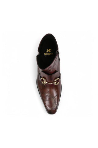 Jo Ghost 4971 Burgundy Flower Embossed Leather Horsebit Boots (JG5361)
