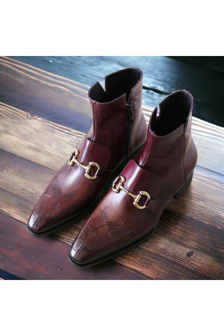Jo Ghost 4971 Burgundy Flower Embossed Leather Horsebit Boots (JG5361)