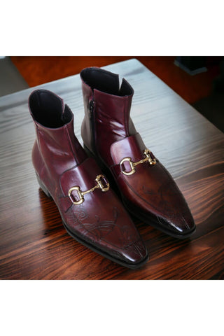 Jo Ghost 4971 Burgundy Flower Embossed Leather Horsebit Boots (JG5361)