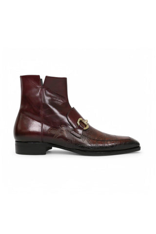 Jo Ghost 4971 Men's Shoes Burgundy Flower Print Leather Horsebit Boots – Dellamoda