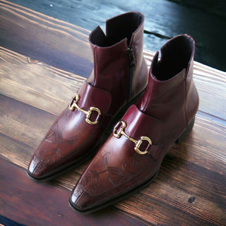 Jo Ghost 4971 Burgundy Flower Print Leather Horsebit Boots (JG5361)-AmbrogioShoes