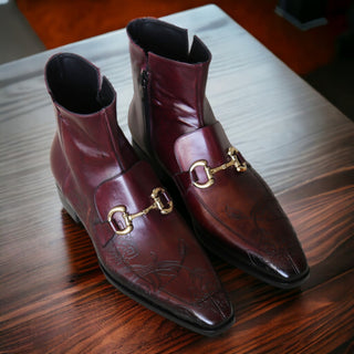 Jo Ghost 4971 Burgundy Flower Print Leather Horsebit Boots (JG5361)-AmbrogioShoes