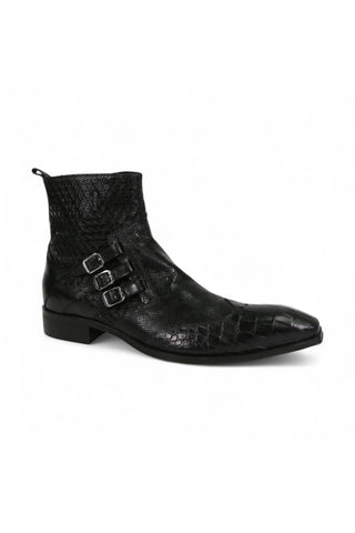 Jo Ghost 4991 Black Texture Embossed Calf-Skin Leather Multi-Buckle Boots (JG5359)