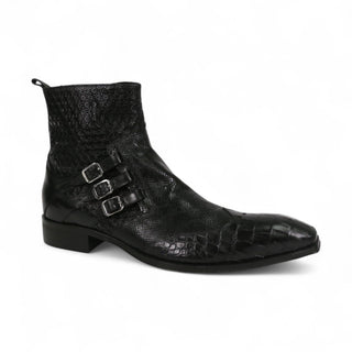 Jo Ghost 4991 Black Texture Print Calf-Skin Leather Multi-Buckle Boots (JG5359)-AmbrogioShoes