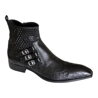 Jo Ghost 4991 Men's Shoes Black Texture Print Calf-Skin Leather Multi-Buckle Boots (JG5359)-AmbrogioShoes