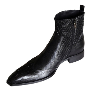 Jo Ghost 4991 Men's Shoes Black Texture Print Calf-Skin Leather Multi-Buckle Boots (JG5359)-AmbrogioShoes