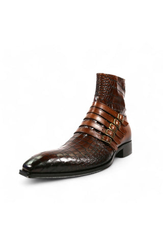 Jo Ghost 5225 Two-Tone Brown Crocodile Embossed / Calf-Skin Leather Multi-Buckle Ankle Boots (JG5358)