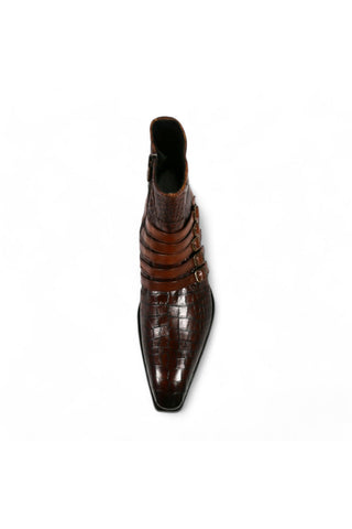 Jo Ghost 5225 Two-Tone Brown Crocodile Embossed / Calf-Skin Leather Multi-Buckle Ankle Boots (JG5358)