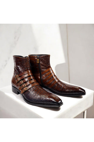Jo Ghost 5225 Two-Tone Brown Crocodile Embossed / Calf-Skin Leather Multi-Buckle Ankle Boots (JG5358)