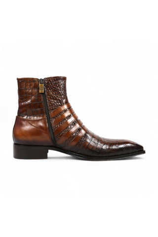 Jo Ghost 5225 Two-Tone Brown Crocodile Embossed / Leather Multi-Buckle Ankle Boots (JG5358)