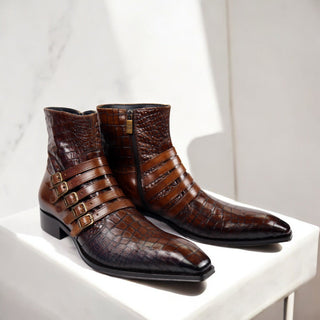 Jo Ghost 5225 Two-Tone Brown Crocodile Print / Calf-Skin Leather Multi-Buckle Ankle Boots (JG5358)-AmbrogioShoes