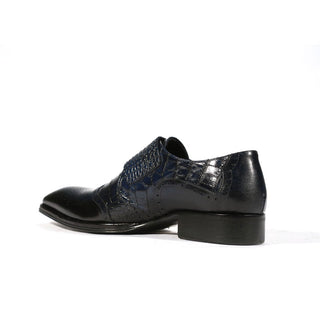 Jo Ghost 984 Men's Shoes Navy Crocodile Print /Calf-Skin Leather Monk-Straps Loafers (JG5261)-AmbrogioShoes