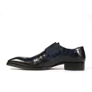 Jo Ghost 984 Men's Shoes Navy Crocodile Print /Calf-Skin Leather Monk-Straps Loafers (JG5261)-AmbrogioShoes